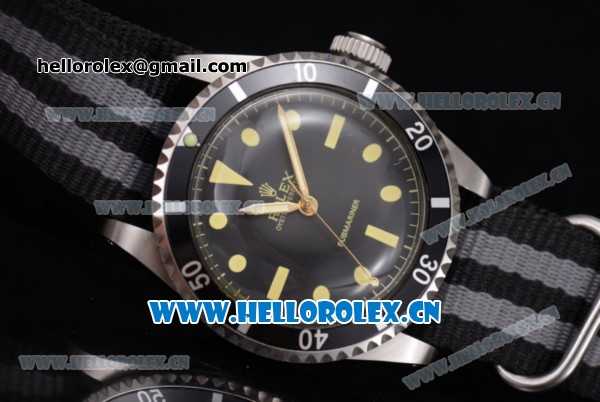 Rolex Submariner Vintage Asia 2813 Automatic Steel Case with Black Dial Black/Grey Nylon Strap and Dot Markers - Click Image to Close